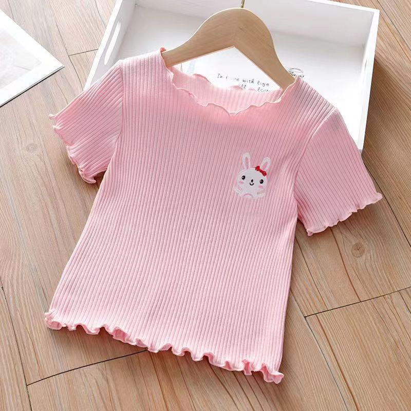 Girls Ice Silk Short Sleeve T-Shirt - Cute Embroidered Summer Lettuce Edge Top