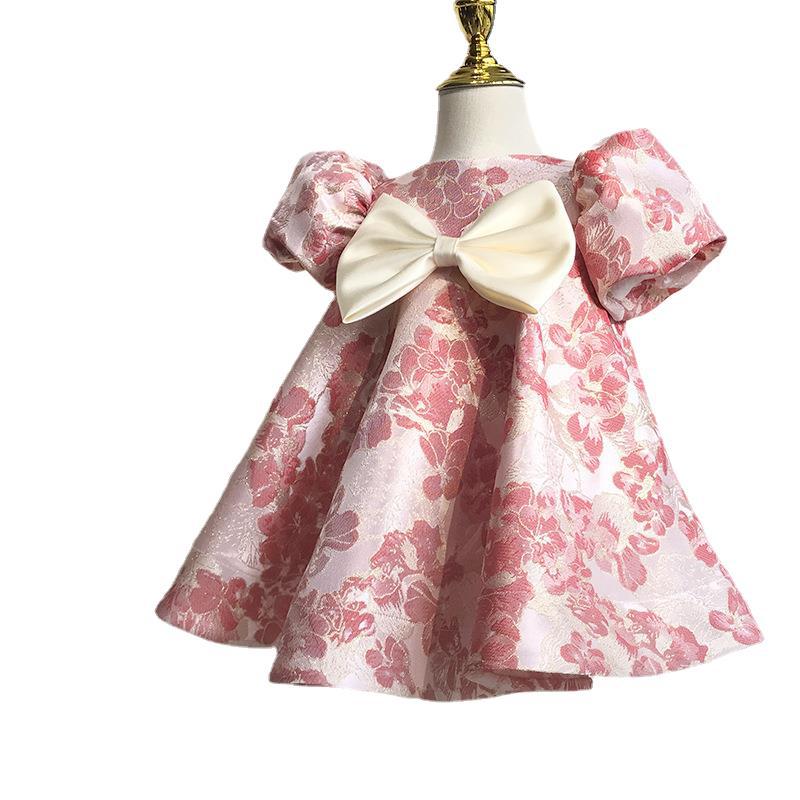 The Portrait Muse | Bubble-Sleeve Printed Satin Princess Dress