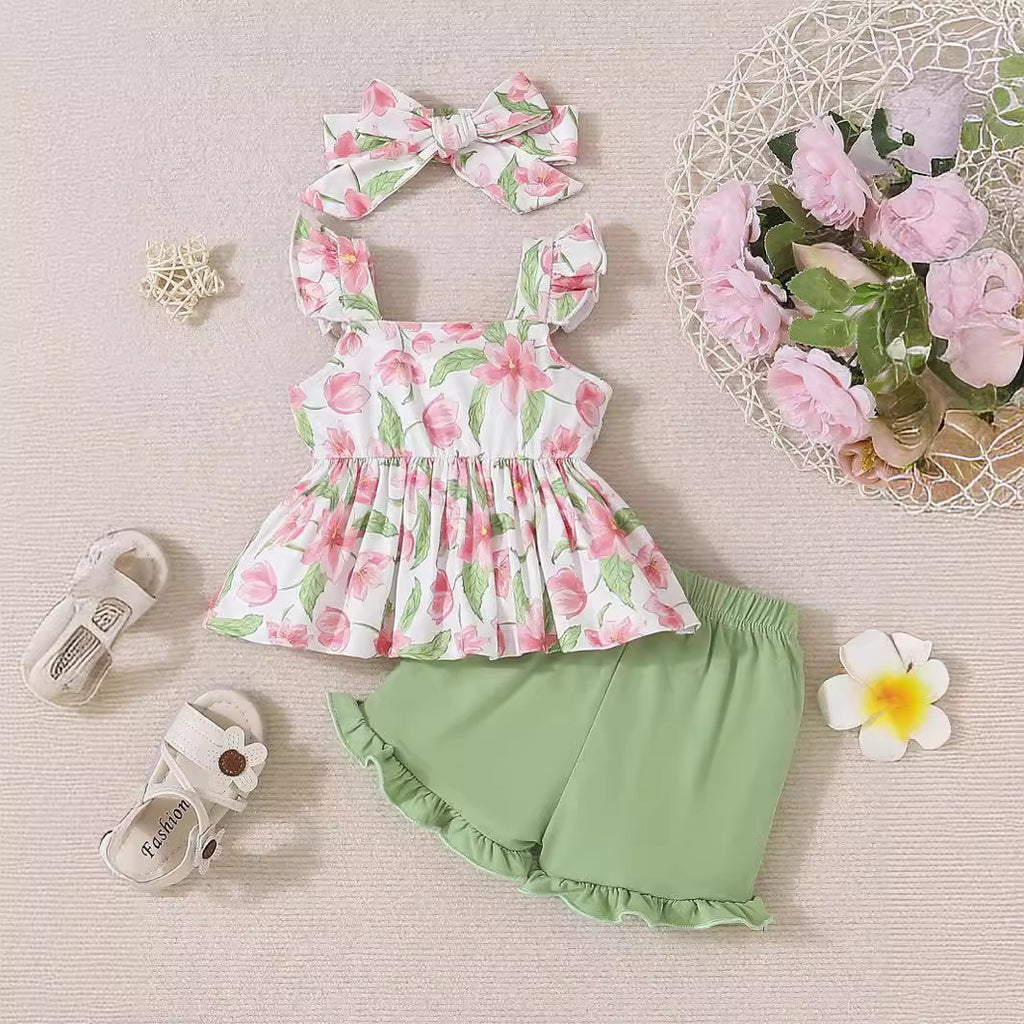 The Petal Picnic | Girls’ Floral Suspender Top & Solid Shorts 2-Piece Set