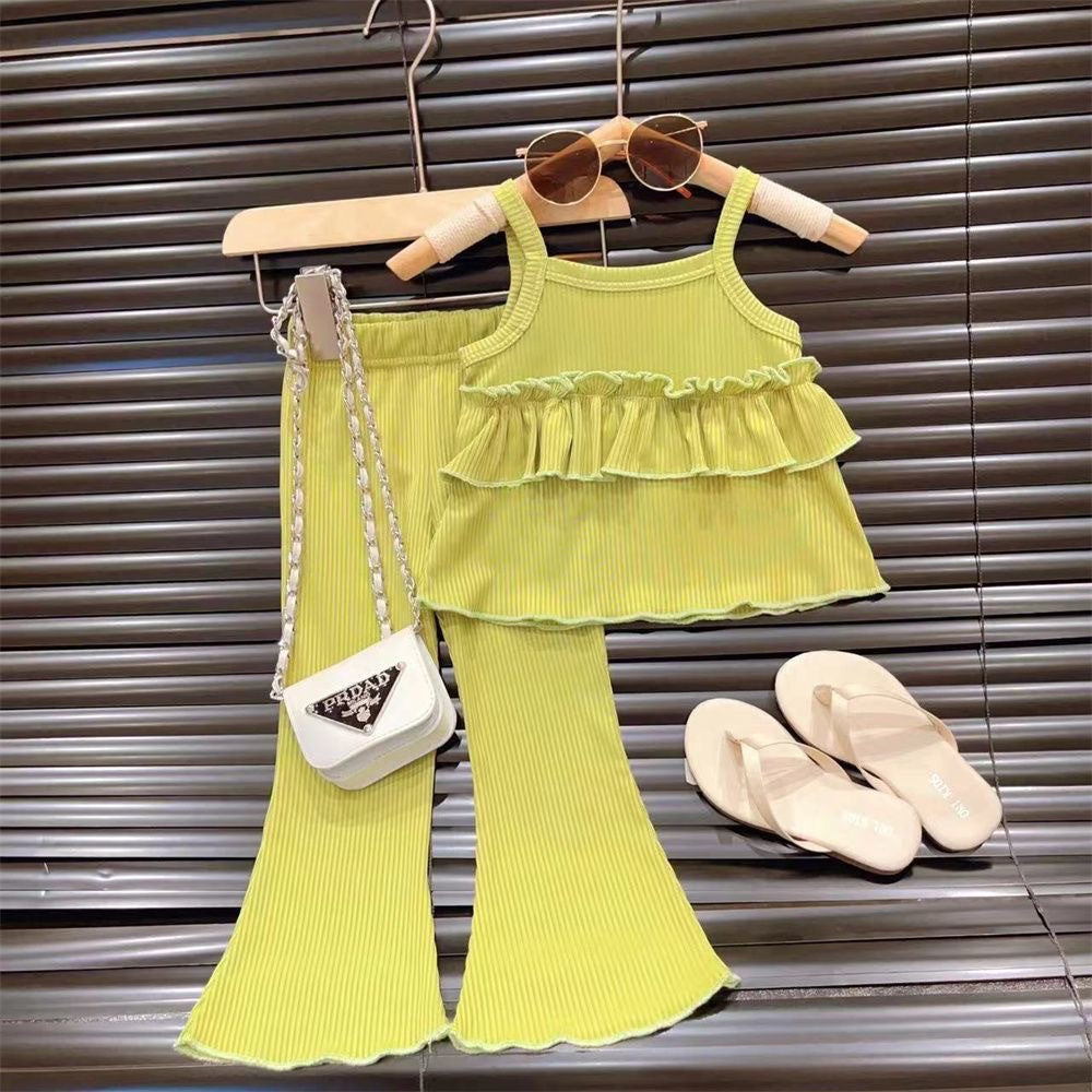 Girls Ice Silk Suspender & Flare Pants Set - Summer Two-Piece Outfit
