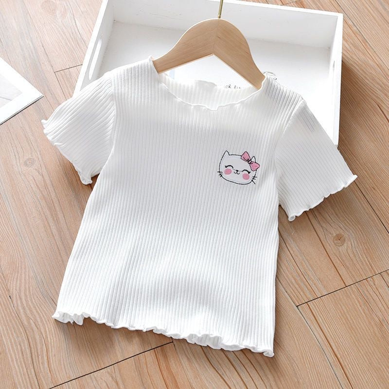 Girls Ice Silk Short Sleeve T-Shirt - Cute Embroidered Summer Lettuce Edge Top