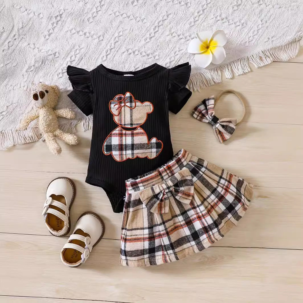 The Picnic Sweetheart | Newborn Baby Girl Plaid Skirt & Bear Romper Set