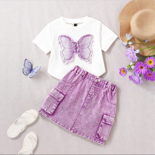 Girls Western Bow-Embroidered Set - Denim Skirt Trendy Outfit