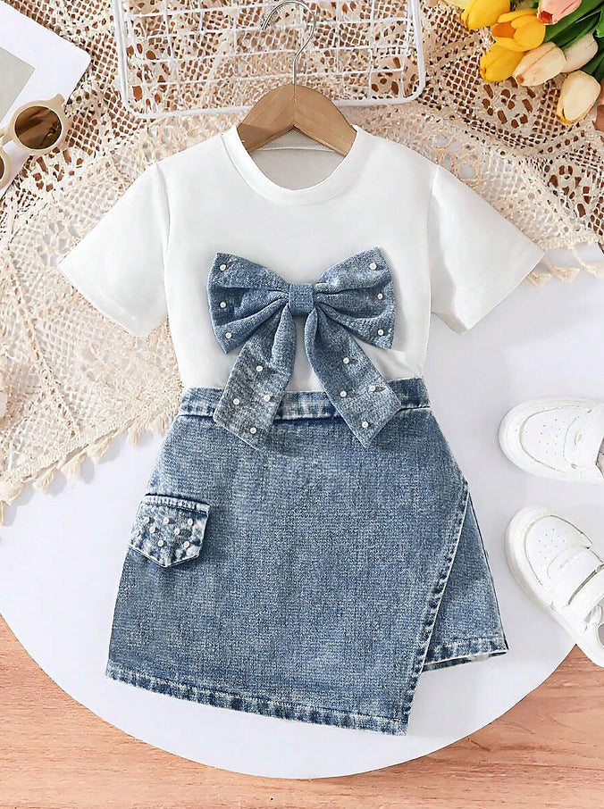 Girls Western Bow Pearl Set - Denim Culotte Fashion Outfit