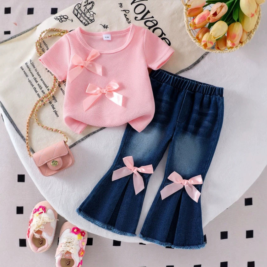 Girls Western Style Long-Sleeve Denim Butterfly Embroidered Top - Flare Jeans Set