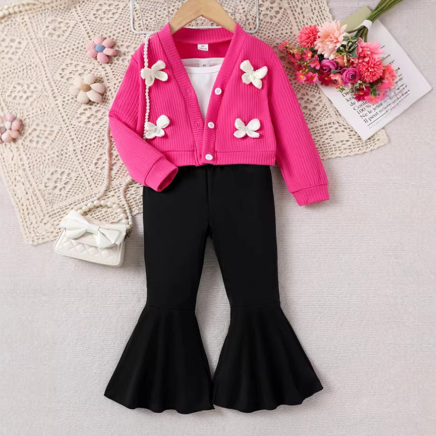 Girls Western Flower Knit Set - 3-Piece Bell Bottom Outfit