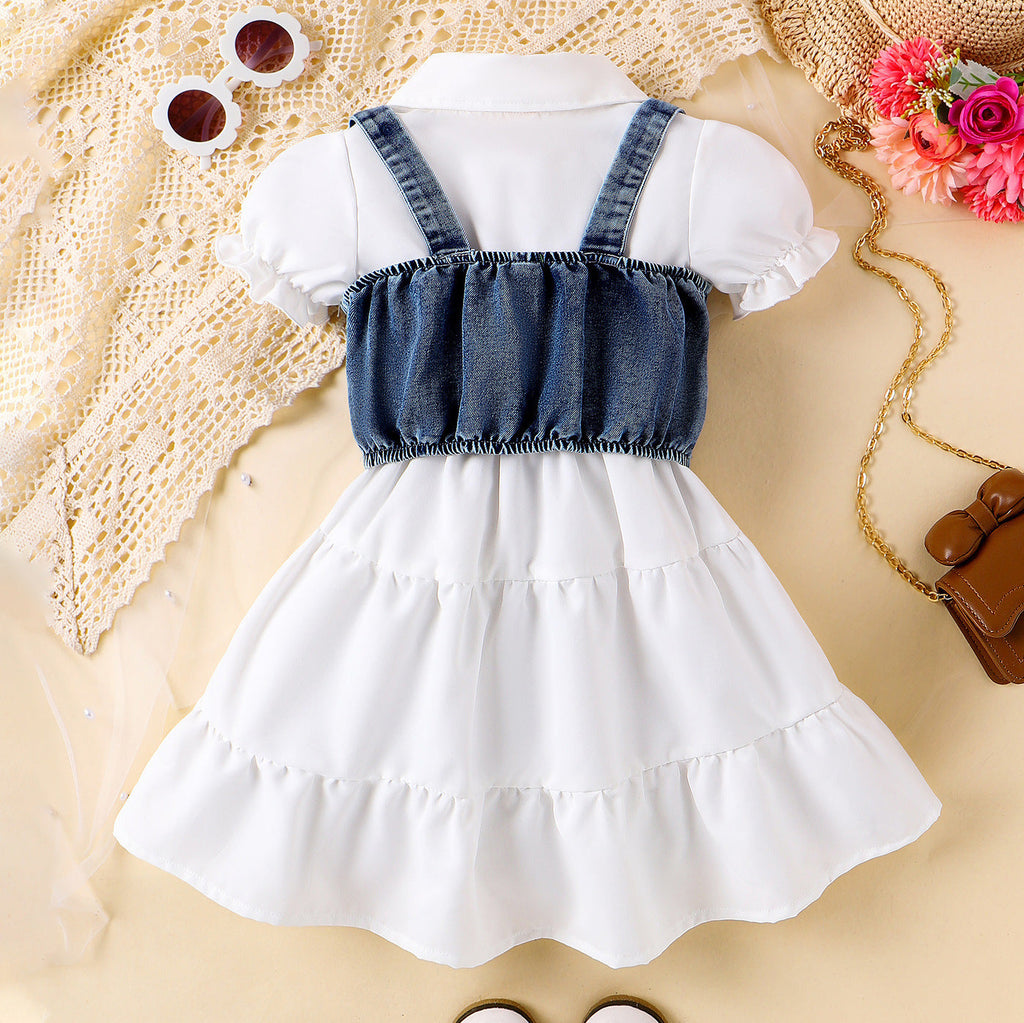 Girls Western Style Bubble Sleeve Dress - Trendy Denim Suspender Two-Piece Set