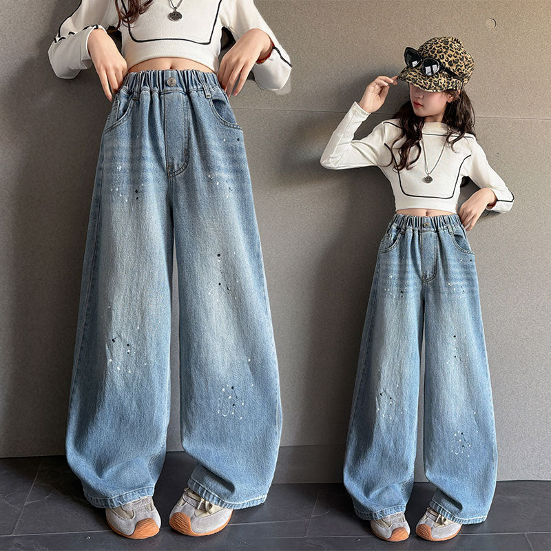 The Artisan Echo | Girls' Printed Floor-Length Wide-Leg Jeans
