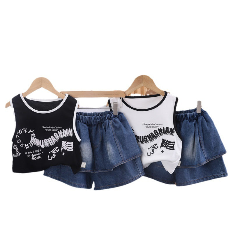 The Azure-Aero | Girls’ "Internet Celebrity" Denim Culotte & Vest Set