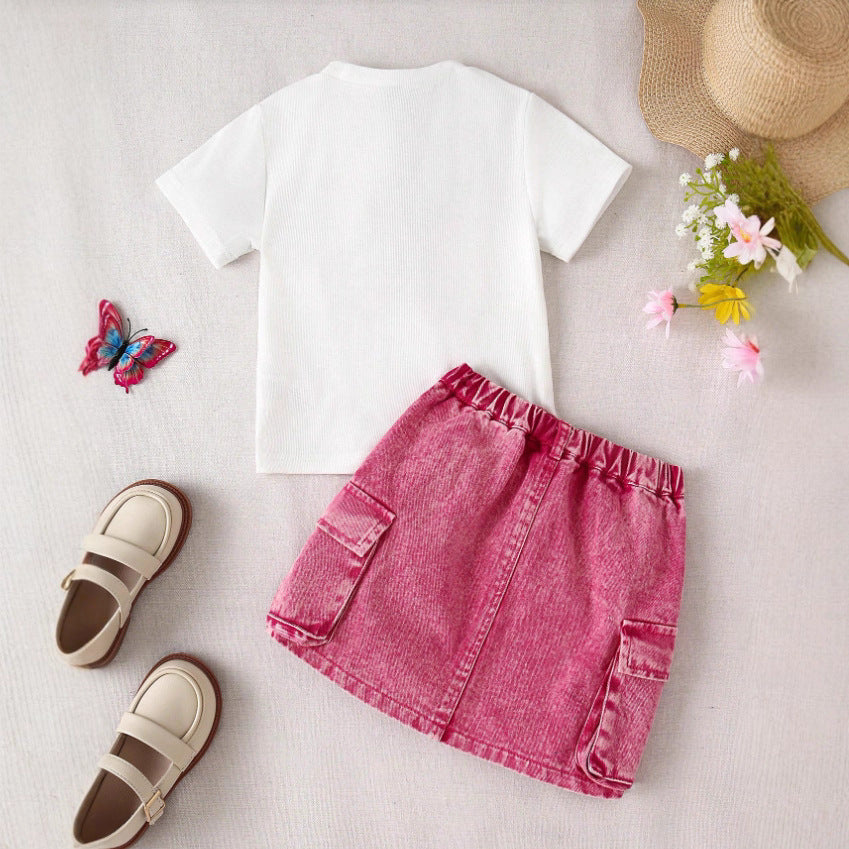 Girls Western Bow-Embroidered Set - Denim Skirt Trendy Outfit
