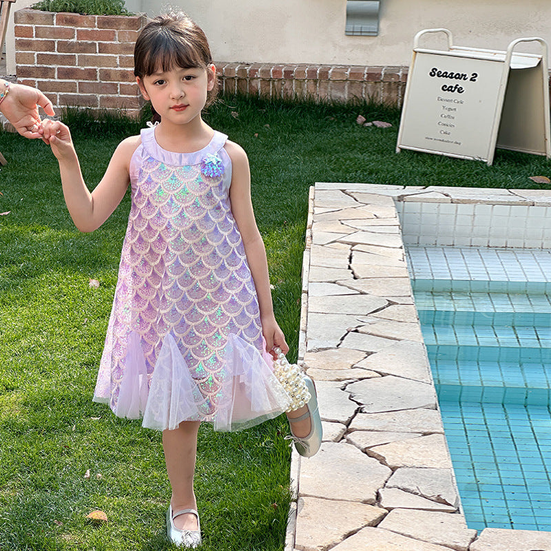 Girls Sequined Mermaid Princess Dress - Summer Cotton Lined Party Gown