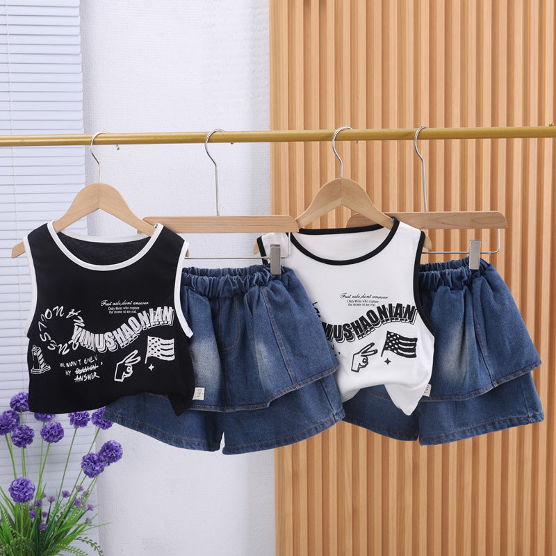 The Azure-Aero | Girls’ "Internet Celebrity" Denim Culotte & Vest Set
