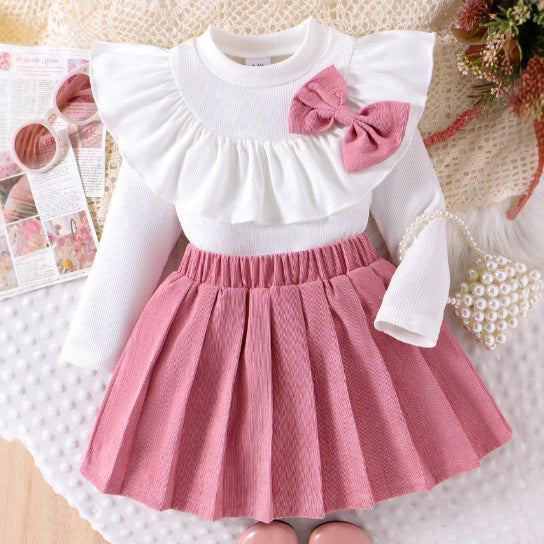 Girls Sweet Bow Ruffle Collar Set - Autumn Fashion Skirt Outfit