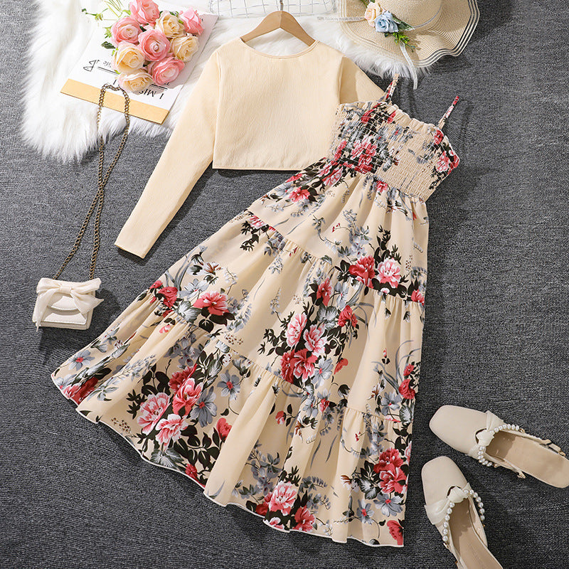 Girls Floral Suspender Dress with Long Sleeve Jacket | Spring Two Piece Set