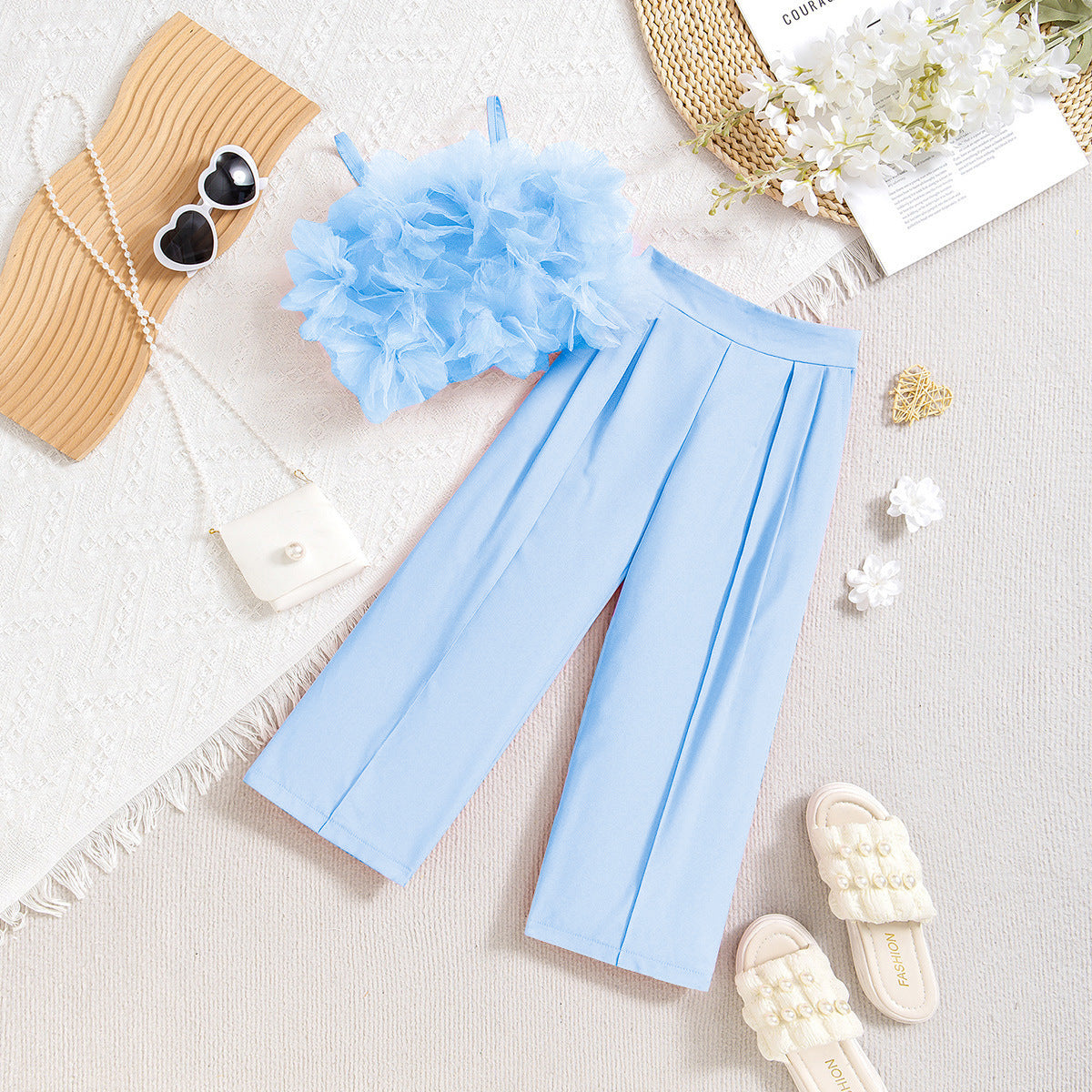 Runway Luxe | Girls 3-D Flower Strapless Top & Slim Suit Pants Set