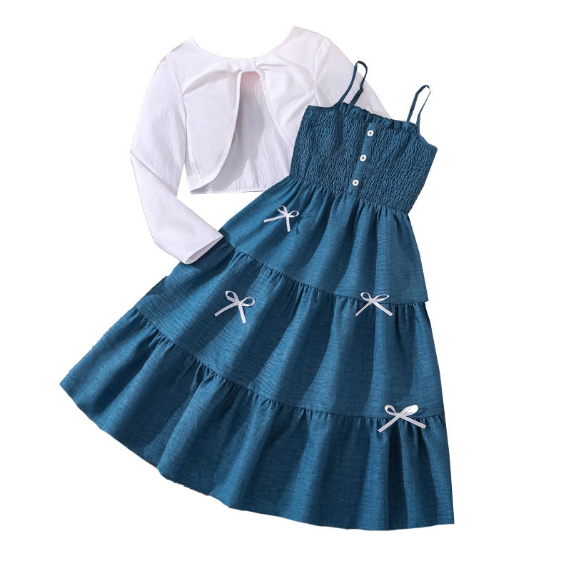 Girls Sweet Suspender Dress with Long Sleeve Jacket | Spring Two Piece Set