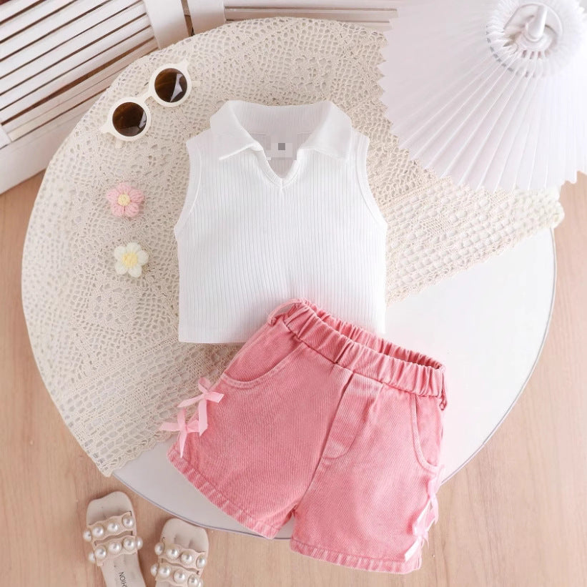 Girls Western Style Denim Set - Sleeveless Stand Collar Outfit
