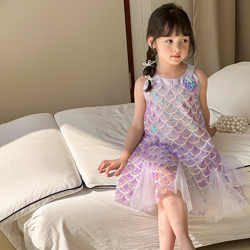 Girls Sequined Mermaid Princess Dress - Summer Cotton Lined Party Gown