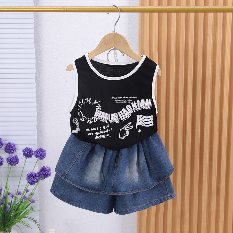 The Azure-Aero | Girls’ "Internet Celebrity" Denim Culotte & Vest Set