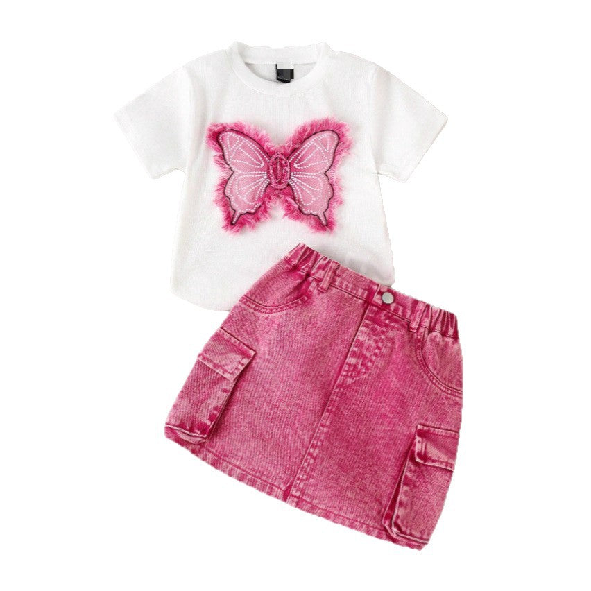 Girls Western Bow-Embroidered Set - Denim Skirt Trendy Outfit
