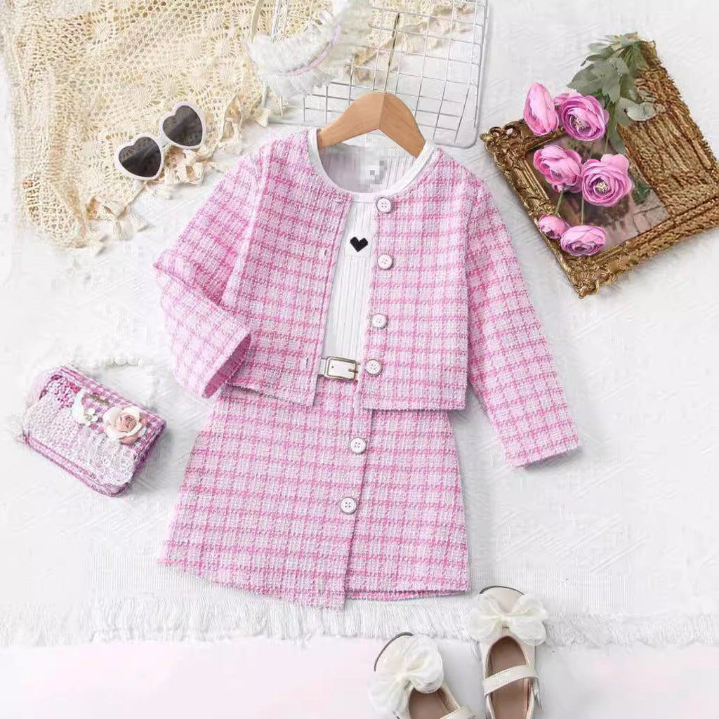Girls Western Style "Small Fragrant" Plaid Set - Long-Sleeve Jacket, Vest Dress & Belt
