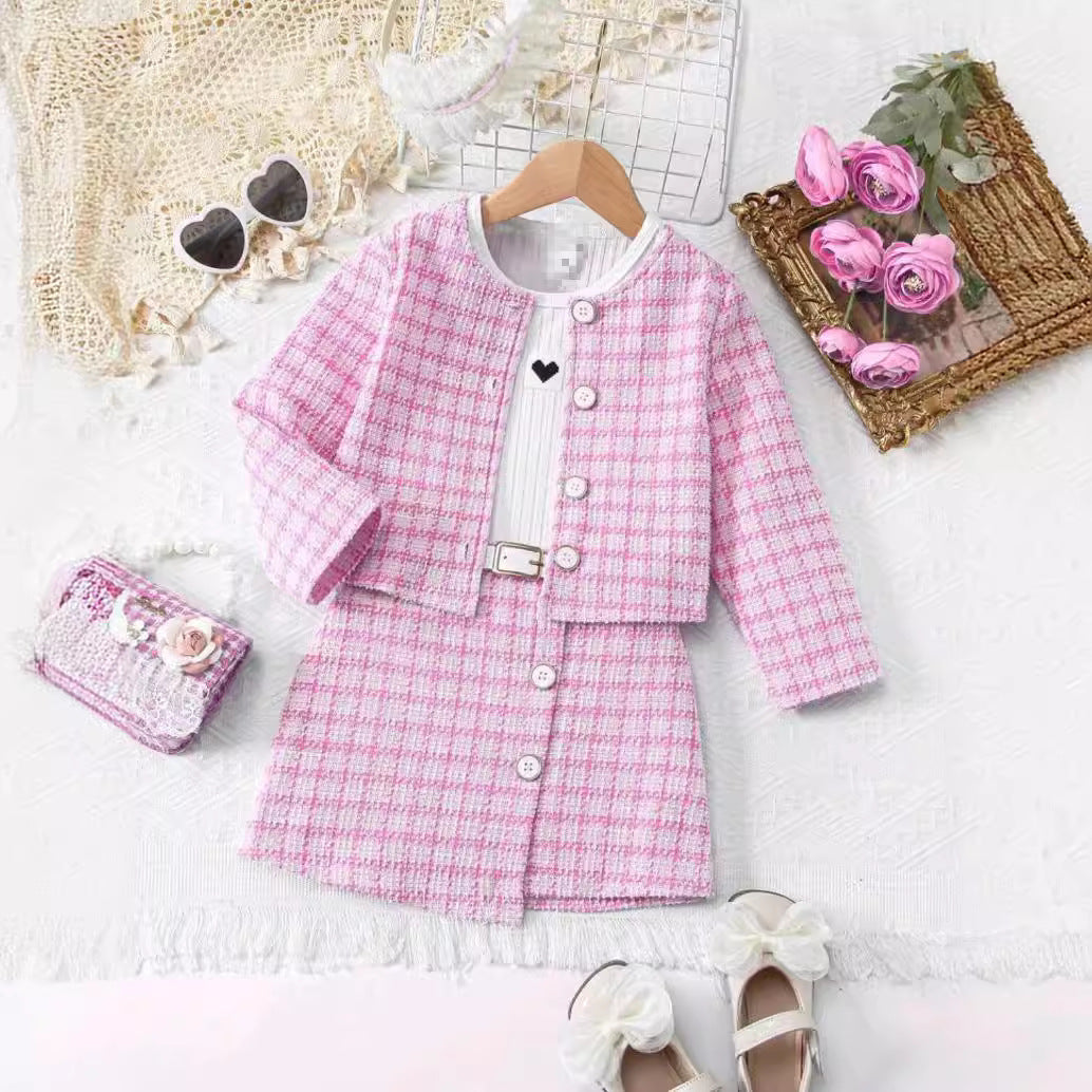 Girls Western Style "Small Fragrant" Plaid Set - Long-Sleeve Jacket, Vest Dress & Belt