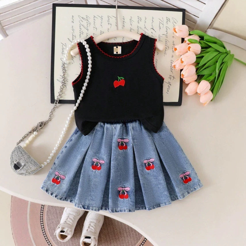 Girls Dogtooth Sleeveless Top - Cherry Embroidered Pleated Denim Skirt Set