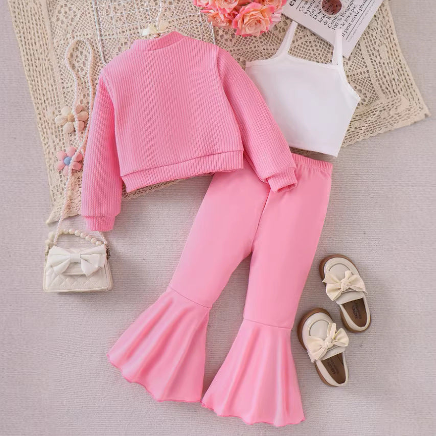 Girls Western Flower Knit Set - 3-Piece Bell Bottom Outfit